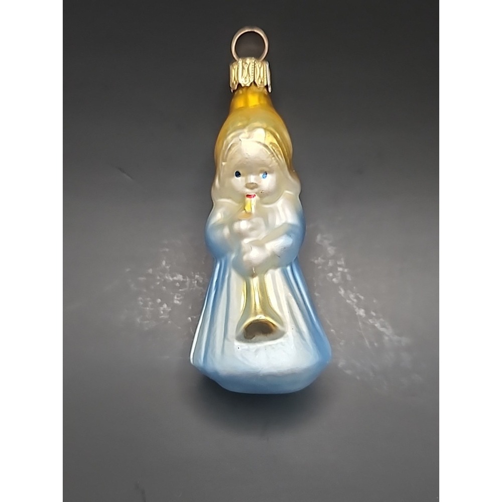 Vintage Blown Glass German Christmas Ornamemt Little Angel In Blue Silver & Gold